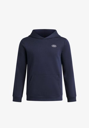 Granatowa bluza z kapturem z długim rękawem, z przednią kieszenią typu kangur i małym białym logo Under Armour na piersi.
