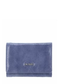 Portefeuille en cuir texturé bleu avec le logo "PICARD" en argent centré sur le rabat avant, coutures visibles le long des bords, fermé à plat sur fond blanc.