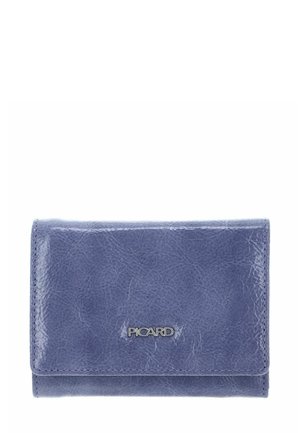 Portefeuille en cuir texturé bleu avec le logo "PICARD" en argent centré sur le rabat avant, coutures visibles le long des bords, fermé à plat sur fond blanc.