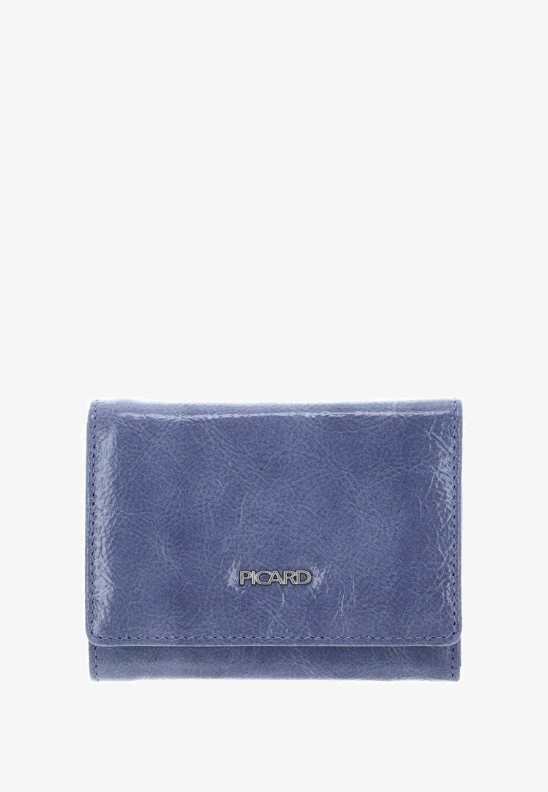 Portefeuille en cuir texturé bleu avec le logo "PICARD" en argent centré sur le rabat avant, coutures visibles le long des bords, fermé à plat sur fond blanc.
