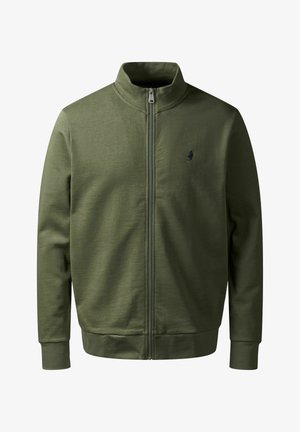 Zeleno-olivová zipová bunda vyrobená z textilného materiálu. Má vysoký golier a rebrované manžety. Malé logo na hrudi.