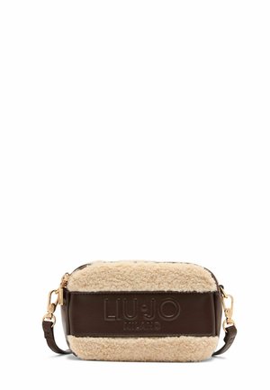 Brown faux leather and cream shearling crossbody bag with gold hardware, embossed logo, and zip closure. Rectangular shape with adjustable strap.