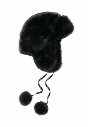 Black faux fur hat with ear flaps, featuring two pom-poms at the ends of long ties. Soft texture and rounded shape.
