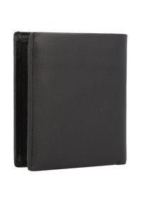 Black leather wallet with a simple design, featuring a smooth texture and a compact rectangular shape. Includes a mesh pocket for cards.