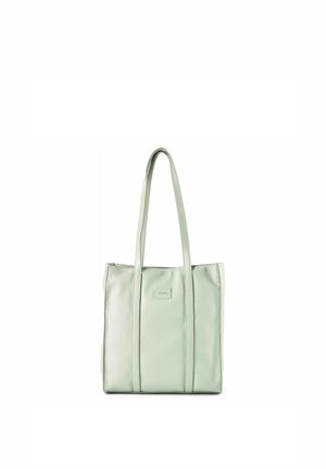 Lichtgroene leren schoudertas met twee lange hengsels en een klein rechthoekig merkje op het midden van de voorkant.