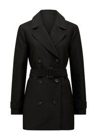 Black double-breasted trench coat with wide lapels, belted waist, buttoned cuffs, and six front buttons, displayed on white background.