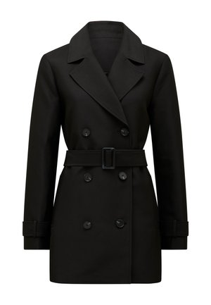 Manteau trench noir à double boutonnage avec grands revers, taille ceinturée, poignets à boutons et six boutons à l'avant, présenté sur fond blanc.