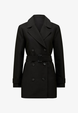 Manteau trench noir à double boutonnage avec grands revers, taille ceinturée, poignets à boutons et six boutons à l'avant, présenté sur fond blanc.