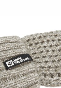 Gestrickte Handschuhe aus dickem, weichem grauem Garn mit einem strukturierten Muster. Enthält ein schwarzes Etikett mit "Jack Wolfskin" und Pfotenlogo.