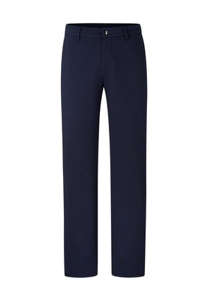 Navy katoenmix broeken met een rechte pasvorm, ritssluiting en een knoopsluiting aan de voorkant. Soepele textuur en klassieke silhouet.