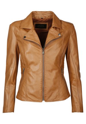 Helle Lederjacke mit tailliertem Design, Reißverschluss, seitlichen Taschen und Schalkragen. Glatte Textur mit sichtbaren Nähdetails.