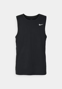 Débardeur de sport noir sans manches en tissu lisse et extensible. Présente un logo Nike blanc en haut à gauche. Encolure ronde classique.