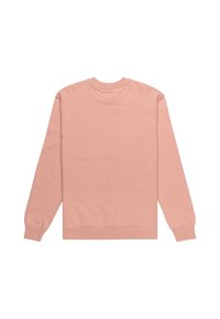 Light pink sweatshirt with long sleeves, round neckline, and ribbed cuffs and hem. Cotton blend fabric with a smooth texture. Plain back design.