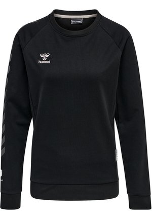 Zwarte sweatshirt met raglanmouwen, voorzien van een logo op de borst en diagonale strepen langs de mouwen. Gemaakt van een zachte, gestructureerde stof.