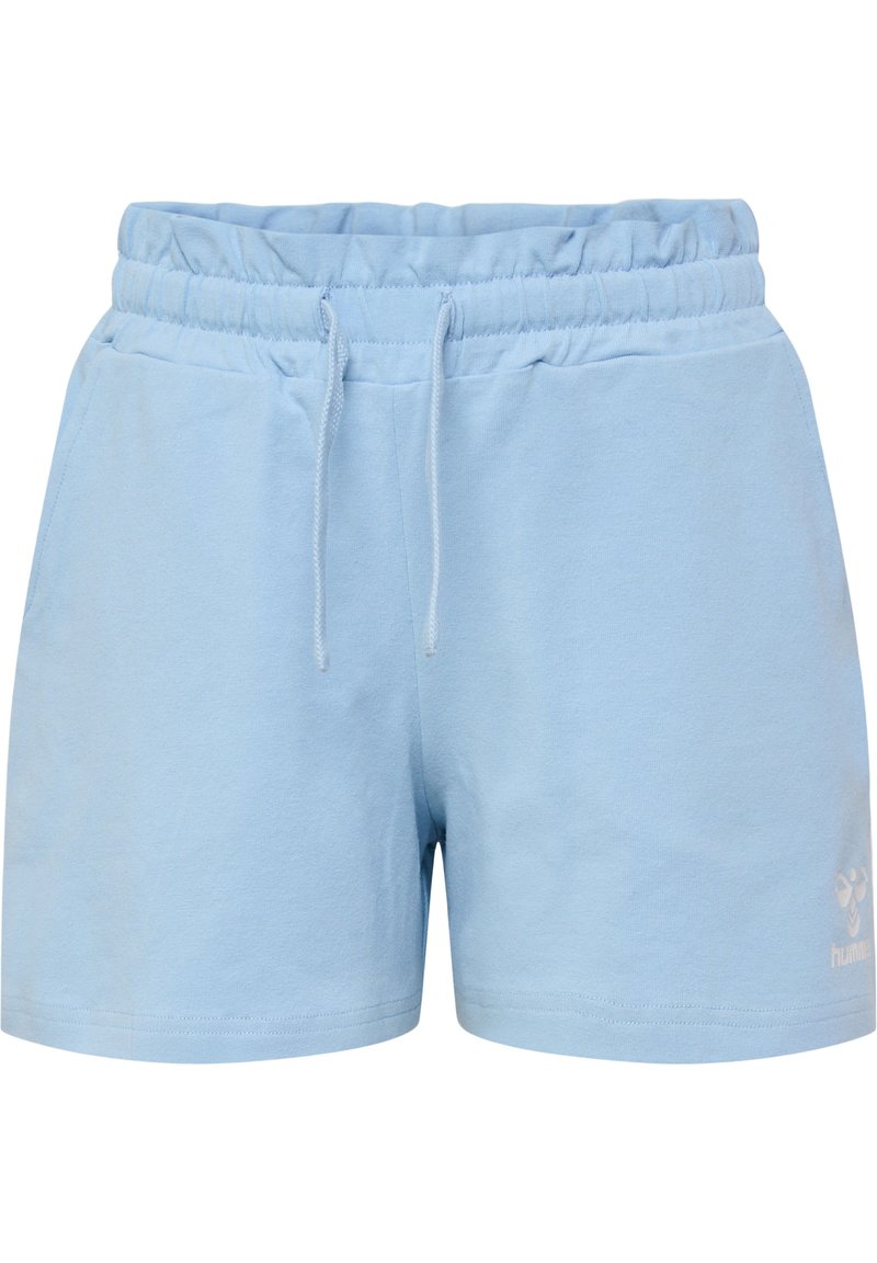 Hellblaue Baumwollshorts mit elastischem Bund und verstellbarem Kordelzug. Verfügt über ein kleines Logo am unteren linken Bein.