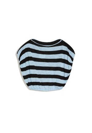 Kort mouwen cropped top met brede zwarte en lichtblauwe horizontale strepen en een ronde halslijn.