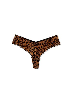String leopard print con uno schema di colori marrone e nero, con bordi scallop e una texture di tessuto morbido. Ideale per comfort e vestibilità.