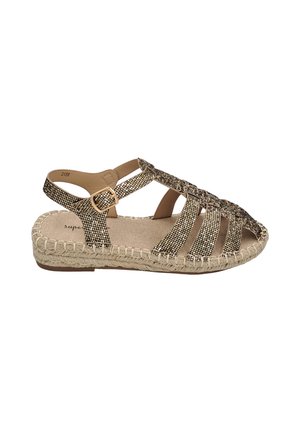 Sandales à lanières avec un dessus tissé or et noir, une semelle beige agrémentée de détails en jute, et une sangle de cheville à boucle pour un ajustement sécurisé.