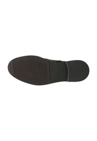 Suola di scarpa nera con superficie texturizzata e motivo a zigzag. Lati lisci e tacco leggermente visibile. Materiale resistente, design strutturato.