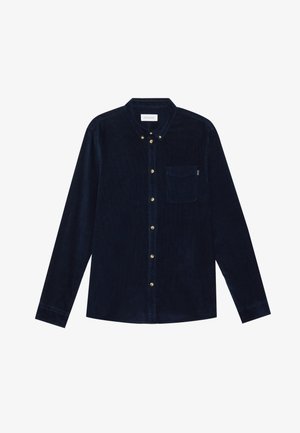 Navy corduroy shirt with long sleeves, button-down collar, chest pocket, and gold buttons. Smooth texture and tailored fit.