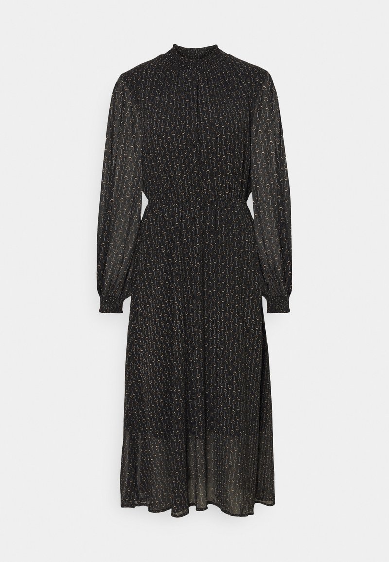 Schwarzes langärmliges Kleid mit hohem Kragen, das ein strukturiertes Muster aus kleinen goldenen Formen aufweist und eine fließende Midi-Länge hat.