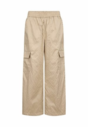 Beige gestreepte cargo-broek met een elastische tailleband, zijzakken en aangehechte klepzakken. Gemaakt van lichtgewicht stof; losse pasvorm.