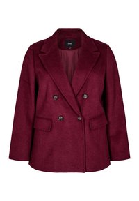 Burgundský dvouřadý vlněný blejzr s klopami, dvěma předními kapsami a černými knoflíky. Texturovaná tkanina vytváří upravený vzhled.