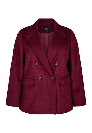 Vyno raudonos dvigubos sagos vilnos švarkas su pjautinėmis apykaklėmis, dviem priekinėm kišenėm ir juodais mygtukais. Tekstūruota medžiaga suteikia pritaikyto išvaizdos.