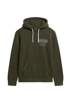 Olivgrüner Kapuzenpullover aus Baumwollmischung. Mit einer Vordertasche, cremefarbenen Kordeln und bedrucktem Branding auf der Brust.