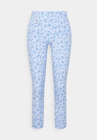 Ljusblå byxor med ett heltryckt blommönster i mörkare blått. Slim fit-design med en slät textur och en tryckknapp vid midjan.