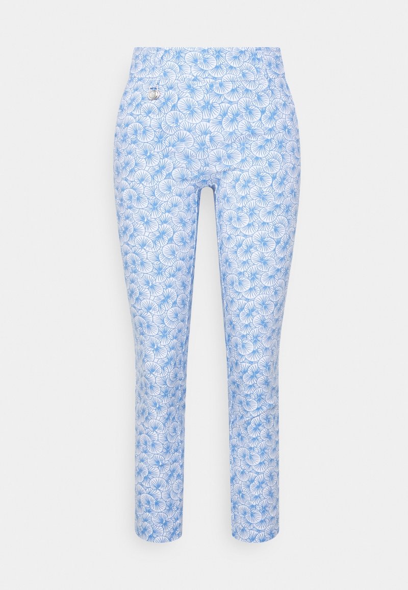 Světle modré kalhoty s celoplošným květinovým vzorem v tmavší modré. Slim fit střih s hladkou texturou a detaily na zapínání na patentku v pase.