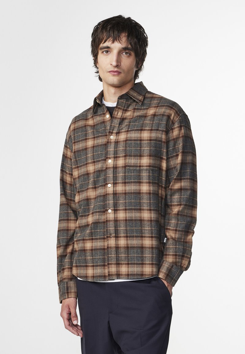 Brown and gray plaid shirt, button-up with a collar, long sleeves, and a chest pocket. Cotton fabric with a textured finish.