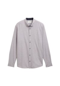 Chemise à manches longues boutonnée en tissu gris clair avec un motif subtil, dotée d'un col classique et de boutons foncés.
