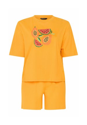 Yellow short-sleeve shirt and shorts set with colorful papaya and watermelon fruit graphic on the shirt front.