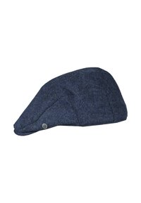 Blauwe tweed platte pet met een licht gebogen vorm. Kenmerkt zich door een klein knoopdetail aan de zijkant en een gestructureerd stoffen ontwerp.