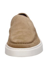 Suede slip-on shoe in beige with a rounded toe, white rubber sole, and stitched detailing along the upper edge for added texture.
