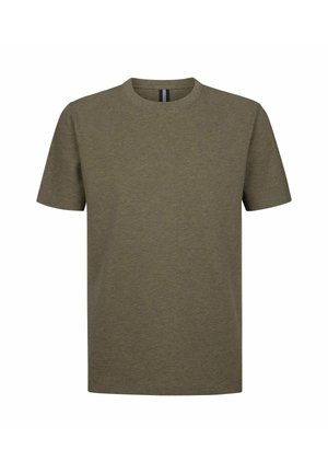 Olijfgroene T-shirt met korte mouwen, ronde hals, gemaakt van zacht katoenmixstof, met een regular fit en een gladde textuur.