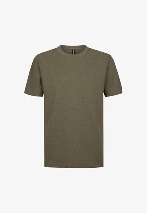 Olijfgroene T-shirt met korte mouwen, ronde hals, gemaakt van zacht katoenmixstof, met een regular fit en een gladde textuur.