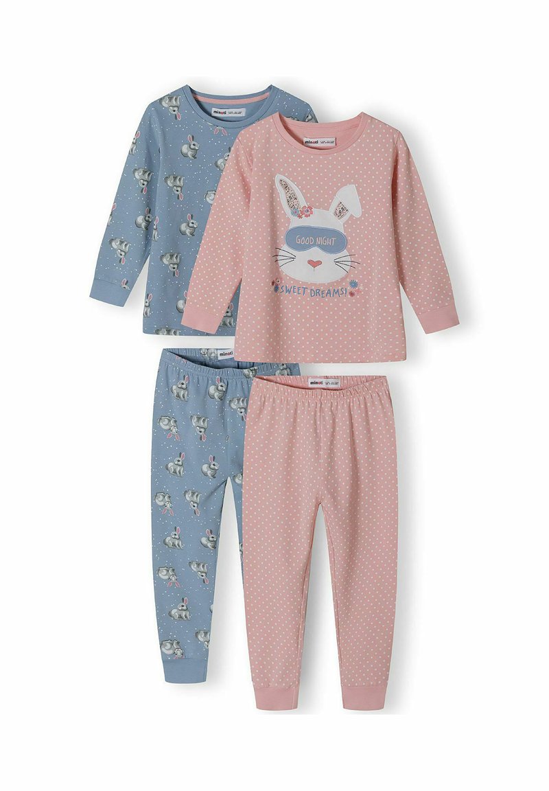 Due set di pigiami per bambini. Maglietta blu con stampa di coniglio, maglietta rosa con grafica di coniglio e testo. I pantaloni abbinano le magliette, presentando motivi simili.