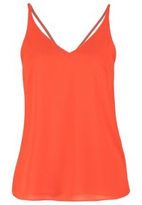 Top sin mangas rojo hecho de tela ligera y suave. Presenta un escote en V y dobles tirantes de espagueti para un diseño minimalista.