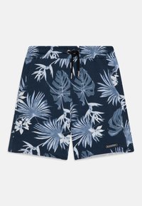 Marineblauwe shorts met witte en lichtblauwe tropische bladerenpatronen, elastische tailleband, zwarte trekkoord en zijzakken.
