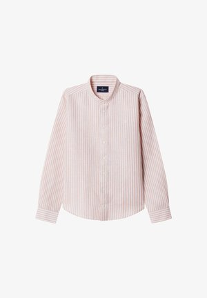 Overhemd met lange mouwen en knopen in lichtroze met witte verticale strepen. Heeft een ronde kraag en een subtiel merkembleem op de borst.