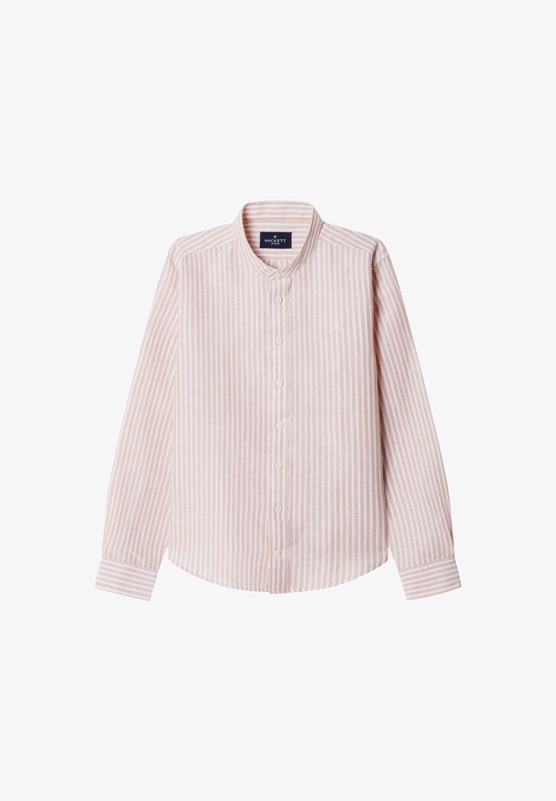 Camisa de manga larga con botones en rosa claro con rayas verticales blancas. Presenta un cuello redondo y un logotipo sutil de la marca en el pecho.