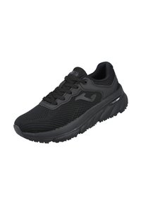 Zapatilla deportiva negra con parte superior de malla, suela gruesa acolchonada, cierre con cordones y logo sutil en el lateral, vista inclinada hacia la derecha sobre fondo blanco.