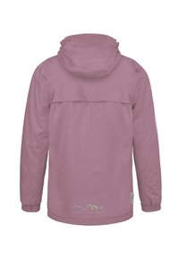 Rosa wasserdichte Jacke mit Kapuze, langen Ärmeln und elastischen Bündchen. Verfügt über eine Rückenvorbelüftung und ein Logo-Design am Saum.