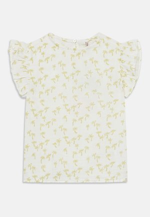 Balta medvilninė T-marškiniai su trumpomis volanų rankovėmis ir geltonu palmės medžio motyvu visame paviršiuje. Turi apvalų iškirpimą ir mygtukų užsegimą nugaros pusėje.