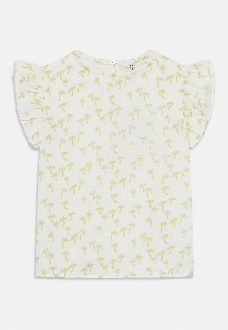 Weißes Baumwoll-T-Shirt mit kurzen, gerafften Ärmeln und einem gelben Palmenmuster auf der gesamten Fläche. Es hat einen runden Ausschnitt und einen Knopfverschluss auf der Rückseite.