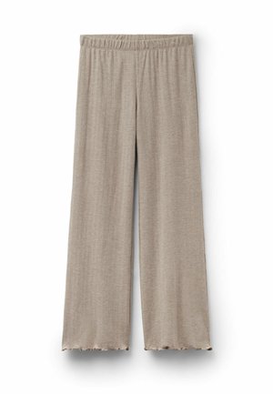 Beige vidde bukser med elastisk talje og volanger i kanten, lavet af blødt, let strikstof.