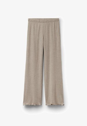 Beige vidde bukser med elastisk talje og volanger i kanten, lavet af blødt, let strikstof.