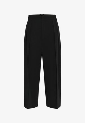 Schwarze Hosen mit hohem Bund, gefalteter Vorderseite und geradem Bein. Hergestellt aus glattem Stoff mit sauberem Finish und ohne sichtbare Beschläge.